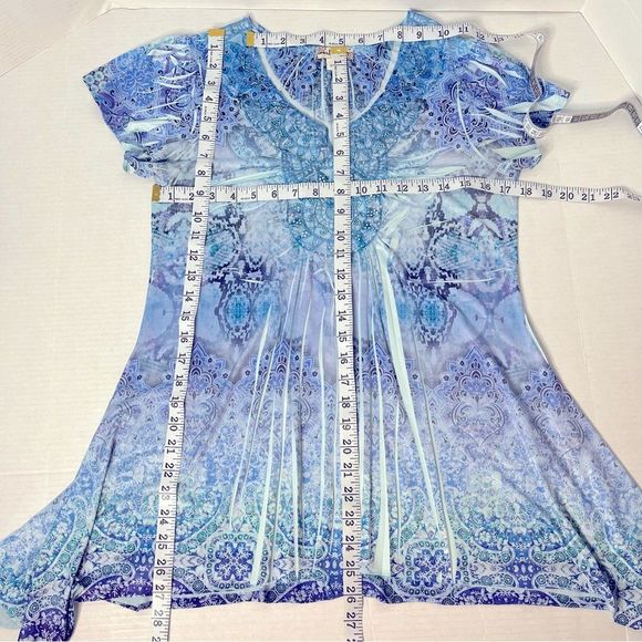 World Unity Embellished BOHO Tunic Blue Purple Handkerchief Hem Size M. - Picture 13 of 13